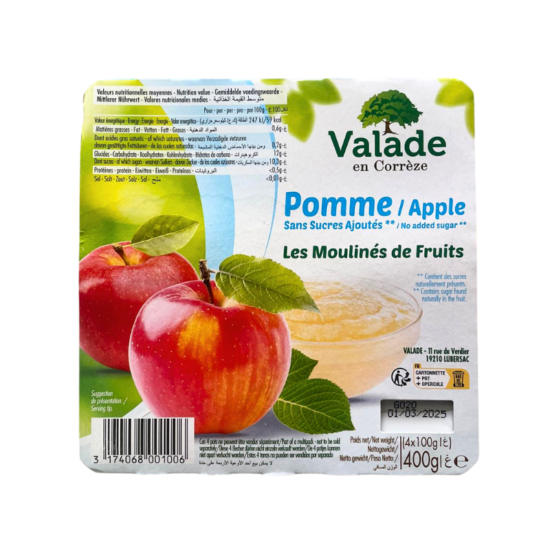 Valade - Compote Pomme sans sucre ajoutée x4 - 400g